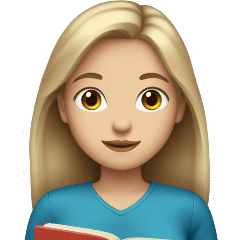 Girl with dark blonde hair and blue eyes holding a book emoji