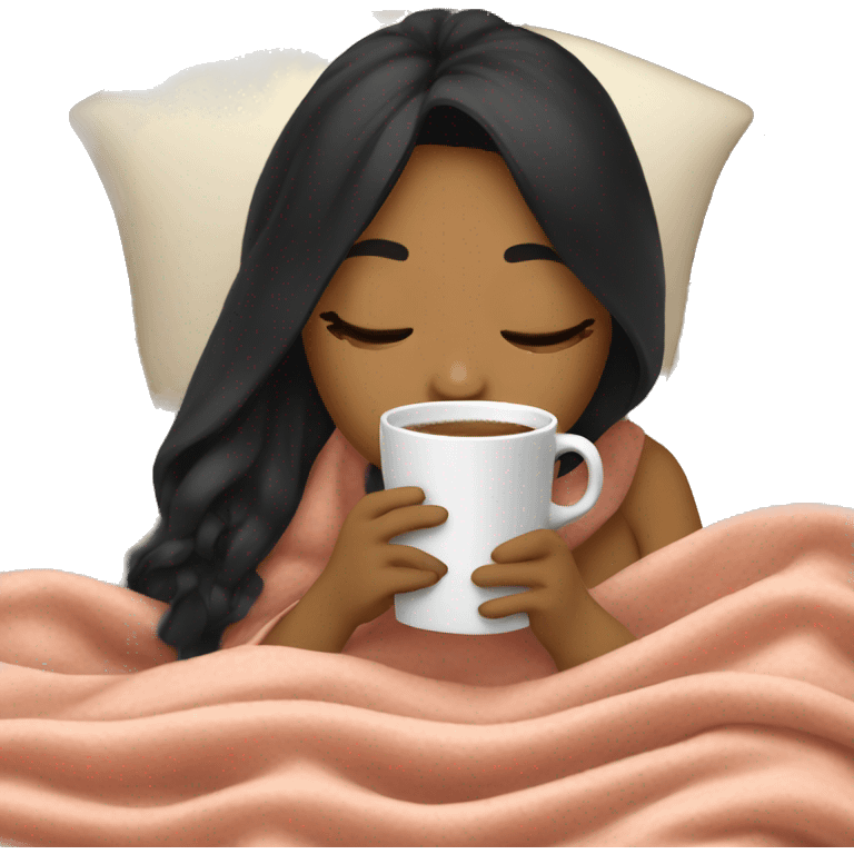 Girl inside blanket sipping coffee eyes closed black hair emoji