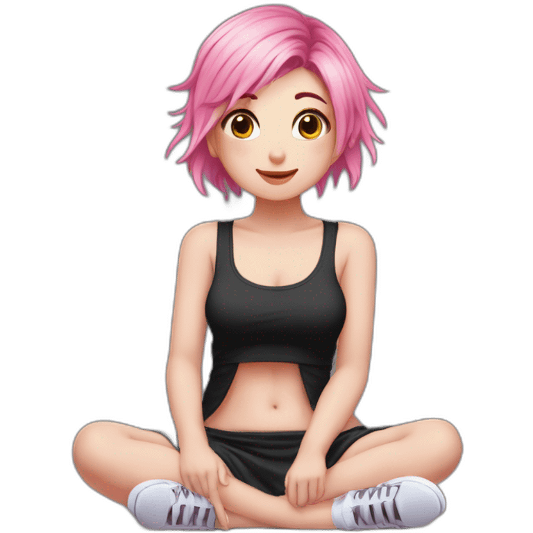 Full body Front view curvy emo girl pink hair sits on the floor straight view hands up black skirt белые трусики полосатые рваные чулки emoji