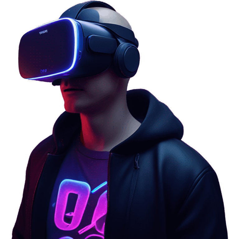 Russian man wearing a black hoodie with "OMG" letters on it and VR headset oculus quest 2 in a cyberpunk VR environment with violet neon lighting. Showing direction with hand emoji