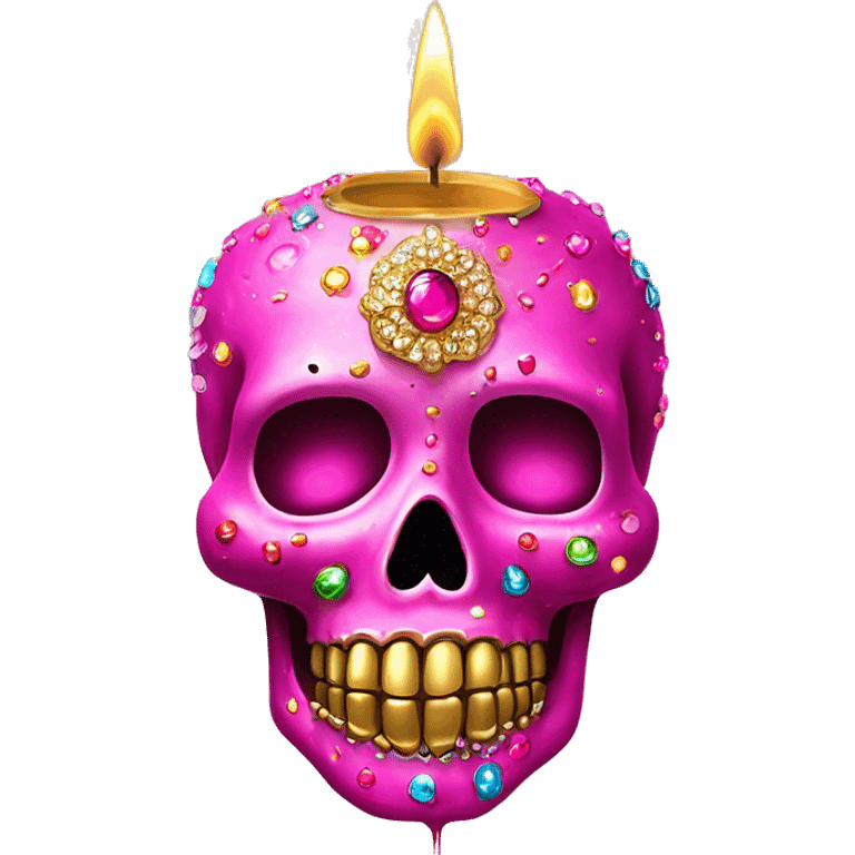 Realistic hot pink sugar skull decorated with colorful rhinestones with metallic gold candle on top of its head dripping meltdown metallic gold wax down skull emoji