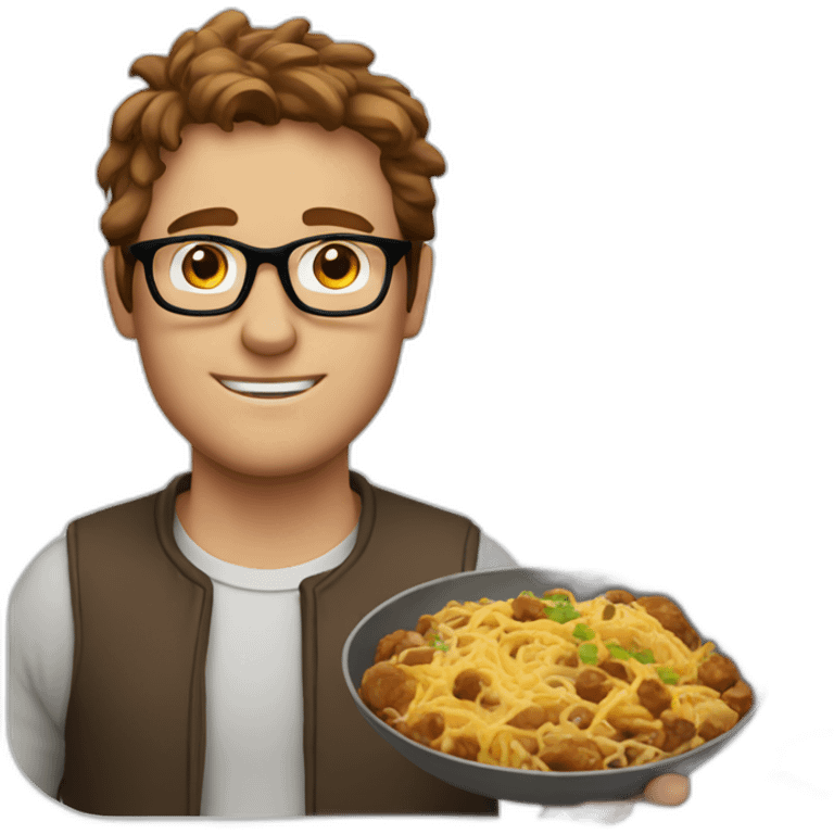 white guy with messy brown hair wearing glasses with a meal in hands emoji