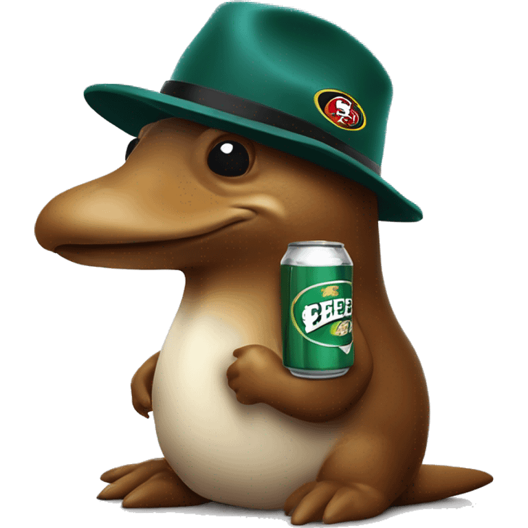 platypus in white 49ers hat with a beer can emoji