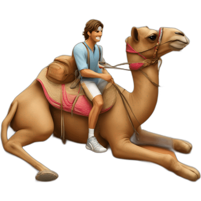 Rafael Nadal on a camel and Roger Federer keeping the camel on a leash. emoji