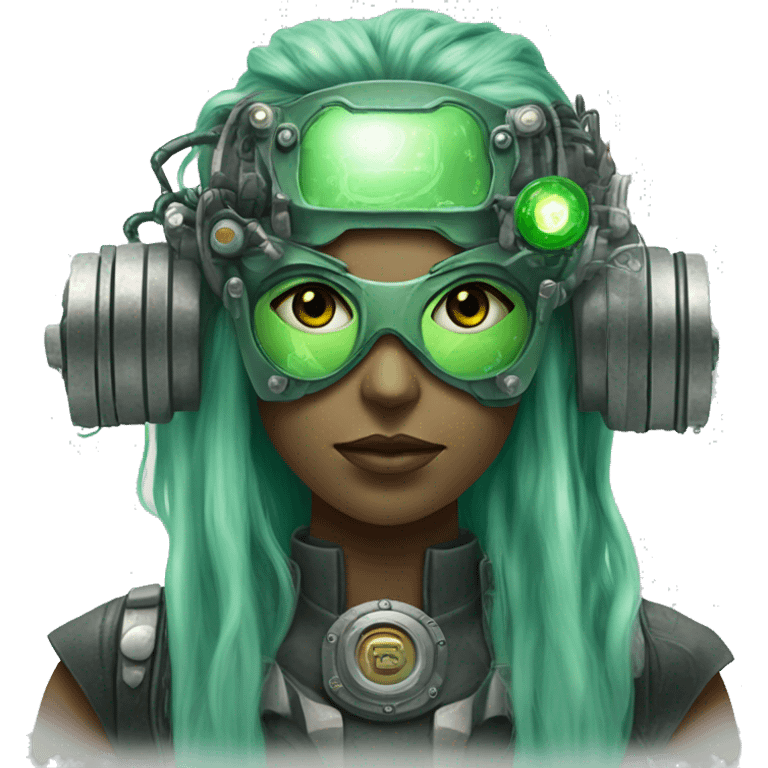 Green female cyborg head with green long hair, grey steampunk goggles and circuitry emoji