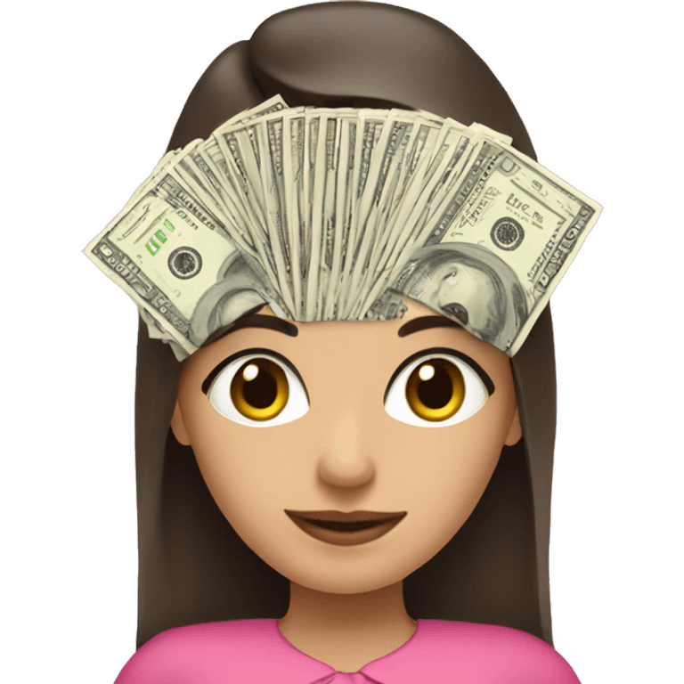 brunette girl with long hair in a pink dress holds paper dollars in her hands emoji