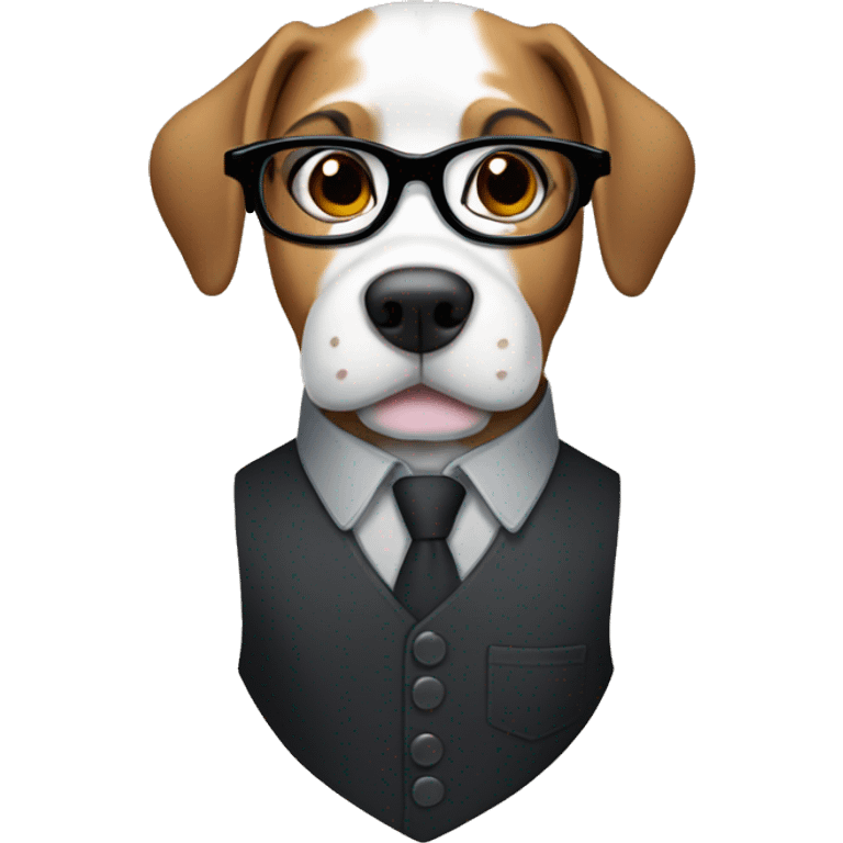 A dog wearing glasses, a black button up shirt and a dark grey vest  emoji