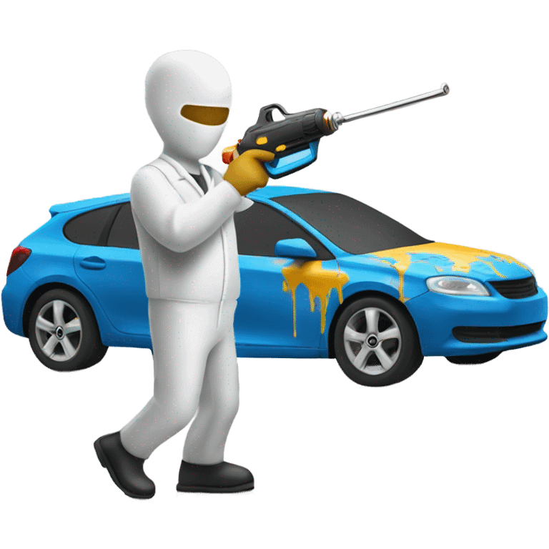 Guy in a paint suit using a spay gun to paint a car emoji