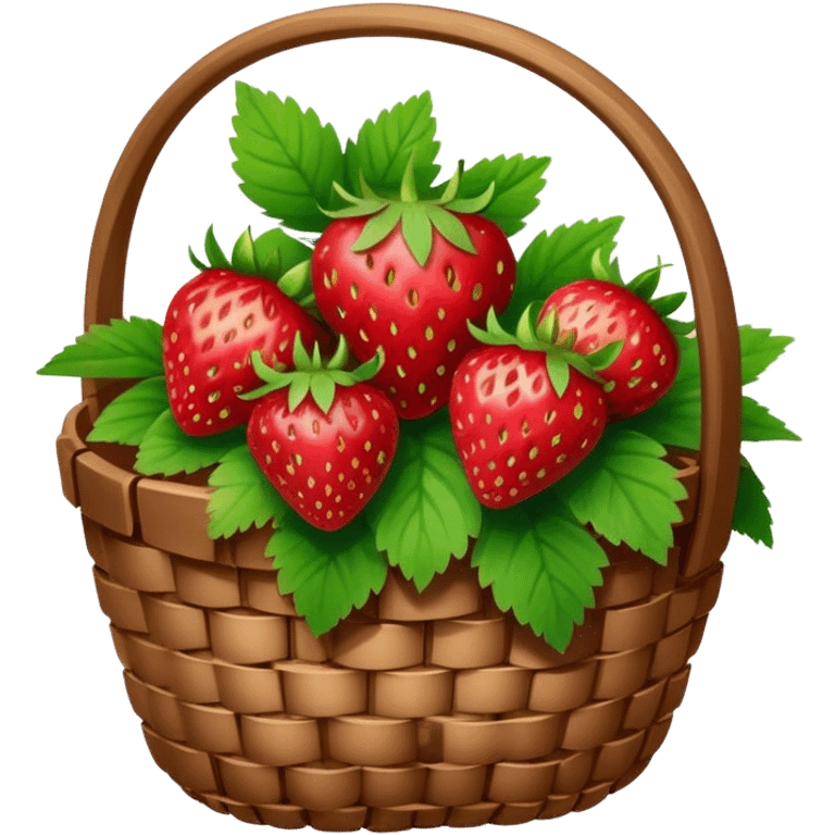 Cinematic ripe strawberrie, deep red, glossy with tiny seeds, green leaves still attached, gathered in a rustic basket, warm glowing background, fresh and sweet. emoji