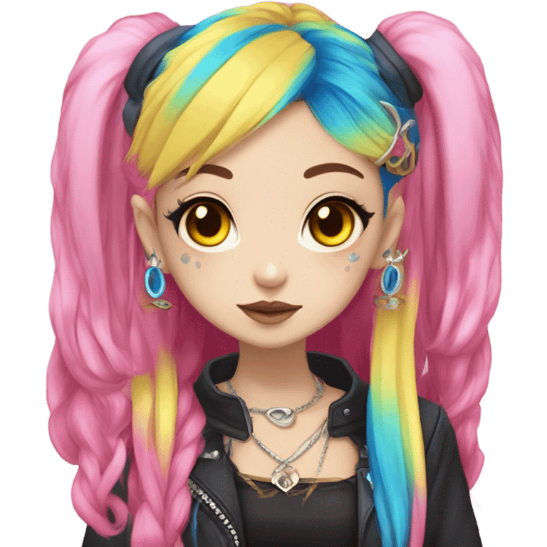 Blue eyed long eye lashes pout blonde and pink hair pale hime gyaru girl, hot pink and yellow split-dyed hair, nose ring, elf ears, dark makeup, punk clothes emoji