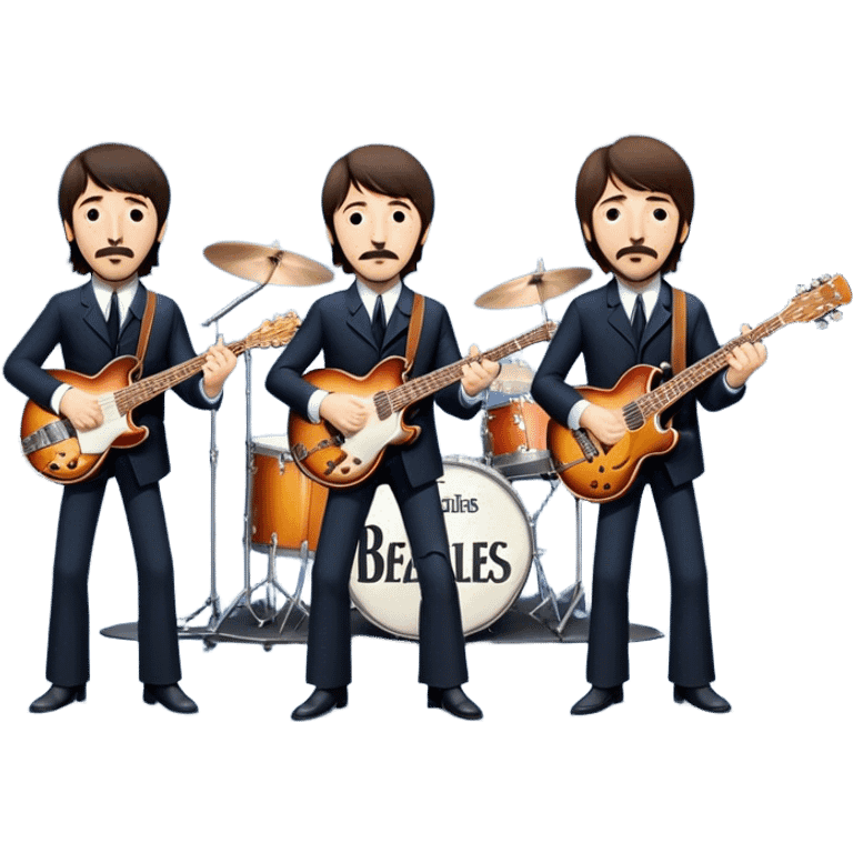 Rock music icon: The Beatles performing live on stage. John Lennon with guitar, Paul McCartney with bass, George Harrison with guitar, Ringo Starr on drums. Bright lights, energetic performance. Transparent background. emoji