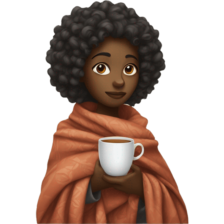 a black girl with curly hair wrapped in a blanket with a cup of tea emoji