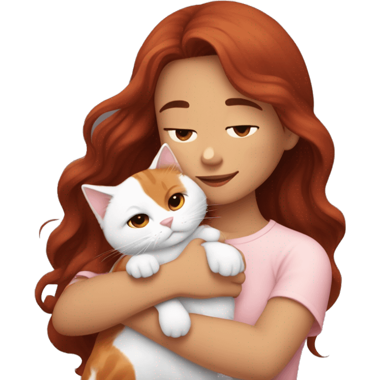 girl with long very dark red wavy hair and dark brown eyes and light pink outfit hugging a white & ginger cat  emoji