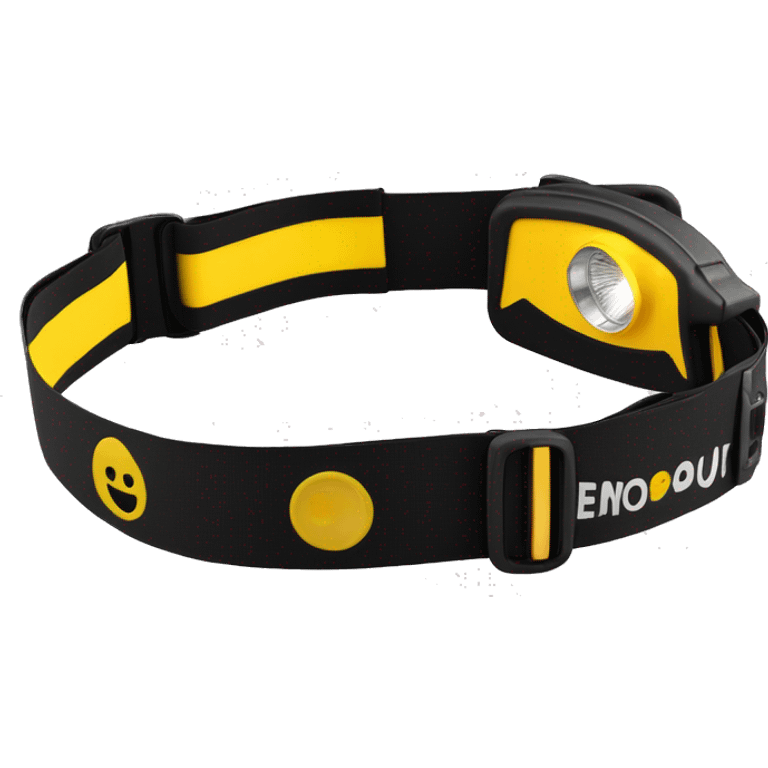 Sleek LED headlamp with 230° illumination, black with yellow accents, adjustable strap, and a slim, curved design. Shown on a neutral background. emoji