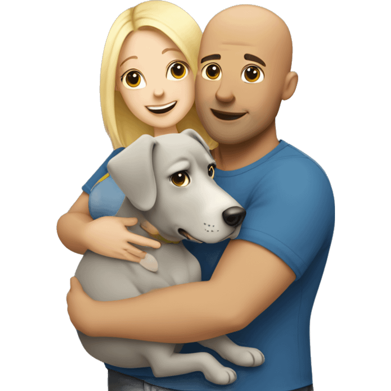 A bald, pumped-up man hugs a blonde pregnant girl and a gray dog emoji