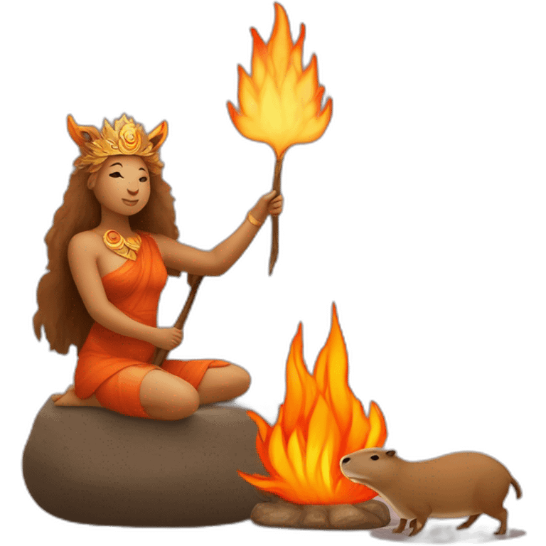 the goddess of the hearth and comfort next to a capybara holding a fire in its paws emoji