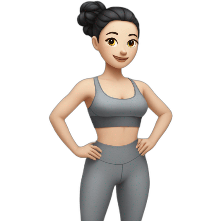 Pale skinned fit woman In a gray tight yoga suit and wristbands With black hair in a bun doing yoga emoji