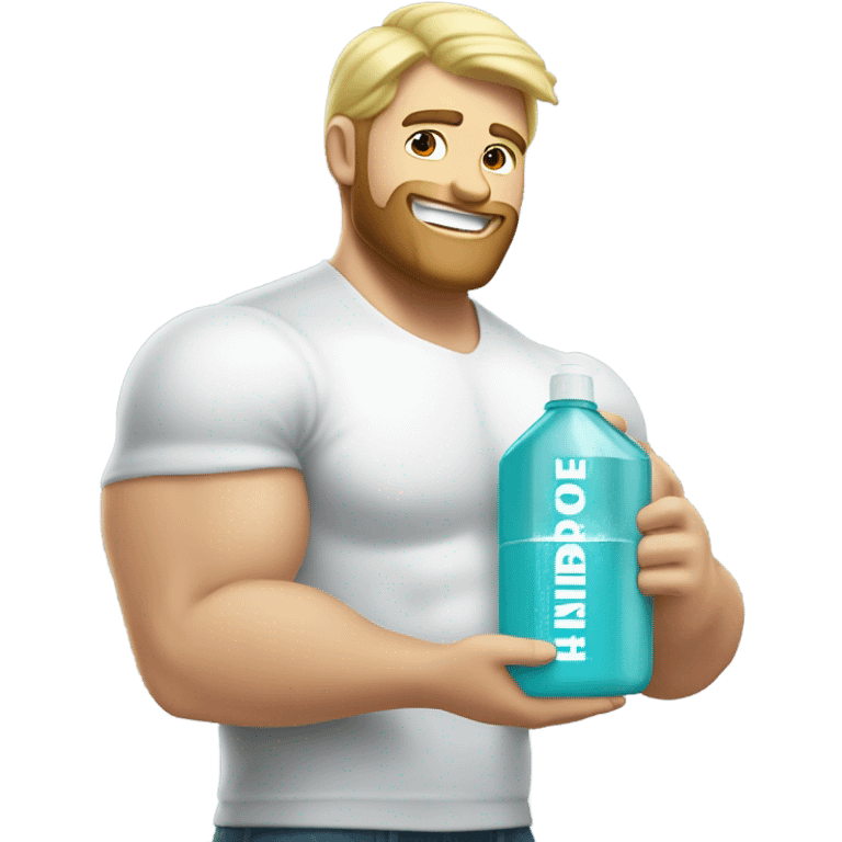 Buff man with blonde short hair and a medium length blonde beard riding on top of a giant bottle of listerine emoji