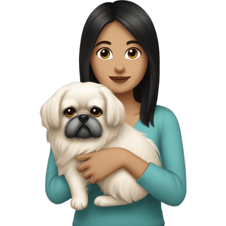 White girl with black hair holding Pekingese  emoji