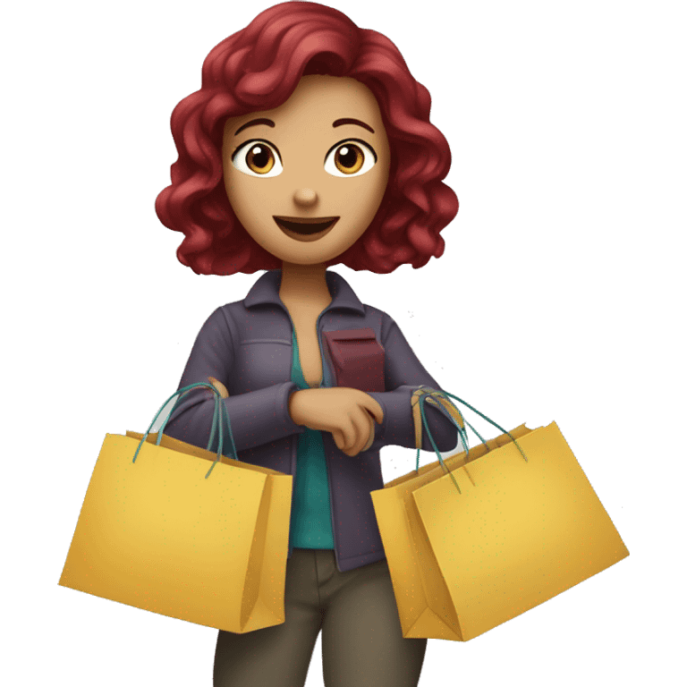 Burgundy haired girl, shopaholic, carrying a lot of shopping bags emoji