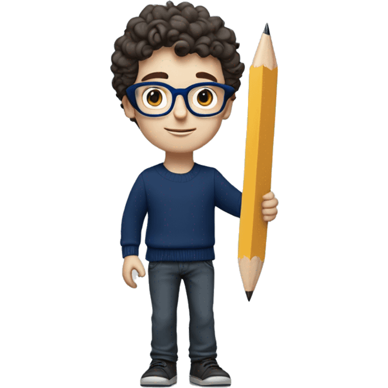 caucasian white boy with dark wavy  hair, blue glasses, and carrying design paper plan because he is an architect carrying a pencil and a set model maquette. wearing a navy blue long sleeve sweater shirt. smart.  emoji