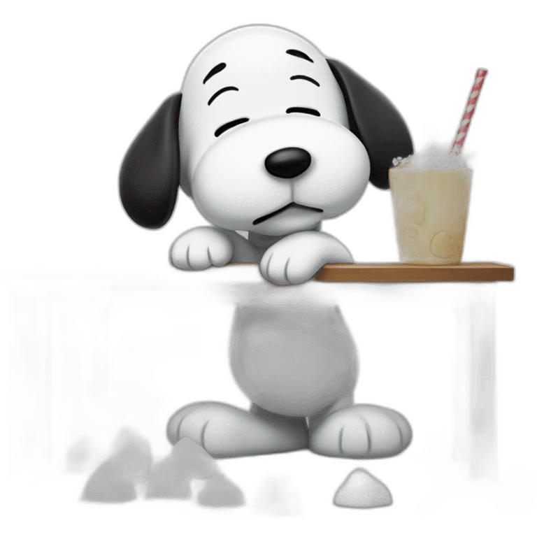 Snoopy (full body, standing) holding a straw in his hand against his nose bent over a table sucking up a pile of sugar emoji