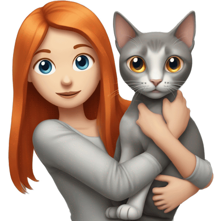 a red-haired girl with blue eyes holds a gray cat with orange eyes and very large ears in her arms emoji