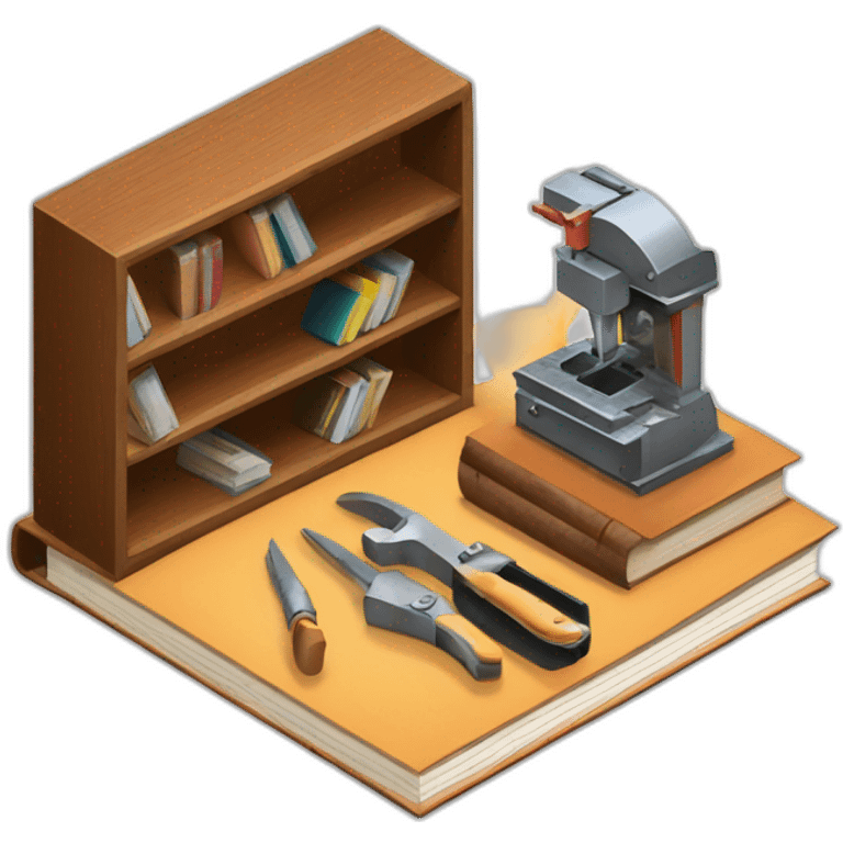 isometric BOOK with picture of wood, welder, leather, tools emoji