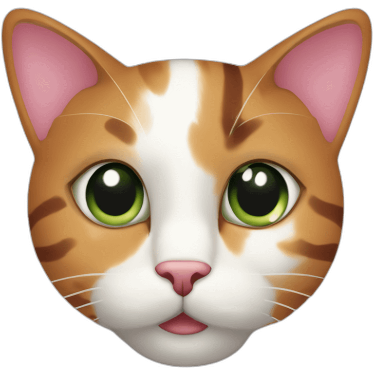 young striped calico cat face with a pink nose, white chin, green eyes, and orange/brown markings emoji