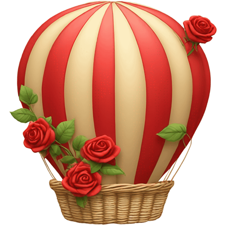 red hot air balloon and beige basket with roses emoji