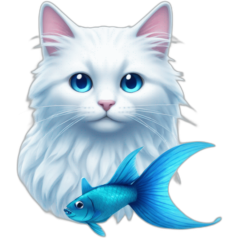 Head of White fluffy cat and a half of blue magic fish tail emoji