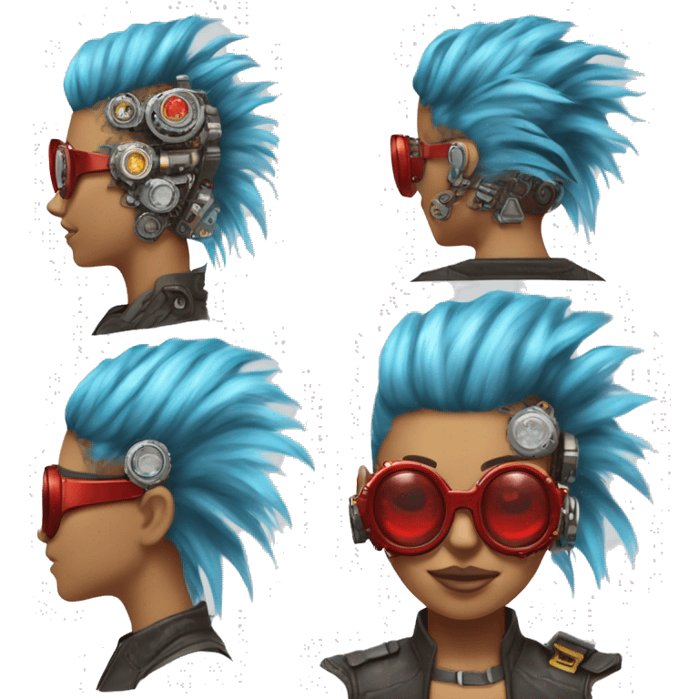 Light blue Mohawk hair female cyborg head with red steampunk goggles and circuits emoji