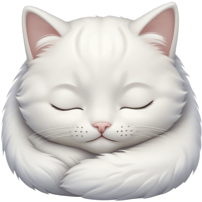 Meme-Worthy Cute Sleeping White Cat Portrait Emoji, Head peacefully tilted with a tender, contented smile and eyes gently closed in serene slumber, featuring a pristine white fur with subtle, delicate silver accents, simplified yet irresistibly adorable, highly detailed, glowing with a soft, drowsy radiance, high shine, exuding calm, heartwarming charm, styled with a gentle, soft glowing outline, capturing the essence of a sleeping white cat that seems destined to become the next viral icon of adorable repose! emoji