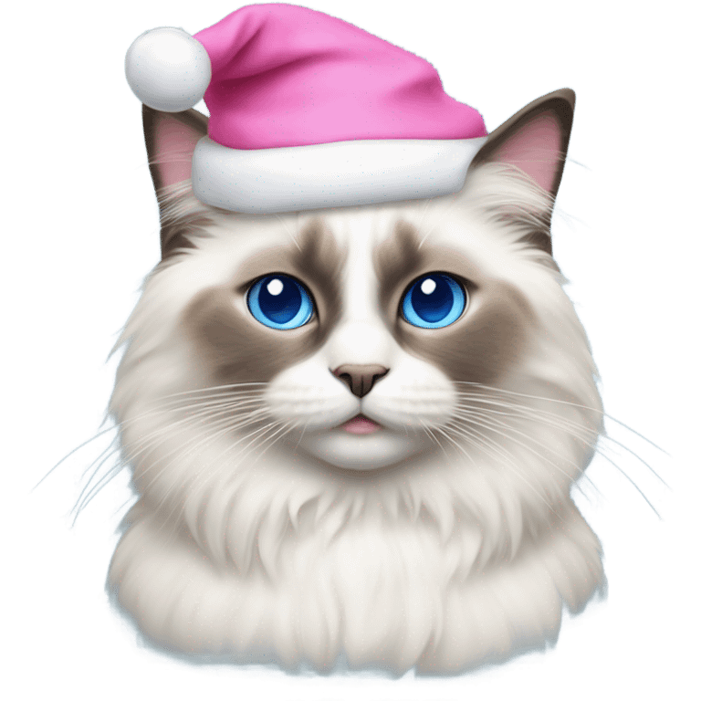 Realistic ragdoll cat with blue eyes wearing pink Santa hat emoji