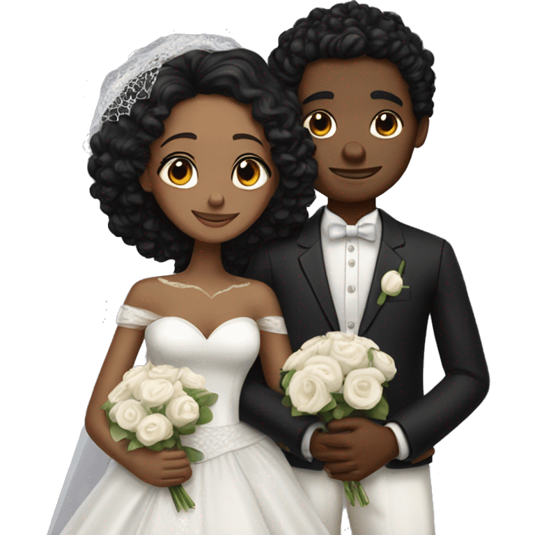 African Bride and Groom. Medium Brown skin. Black long curly hair. Short black haircut. Hugging each other. Eyes closed. emoji