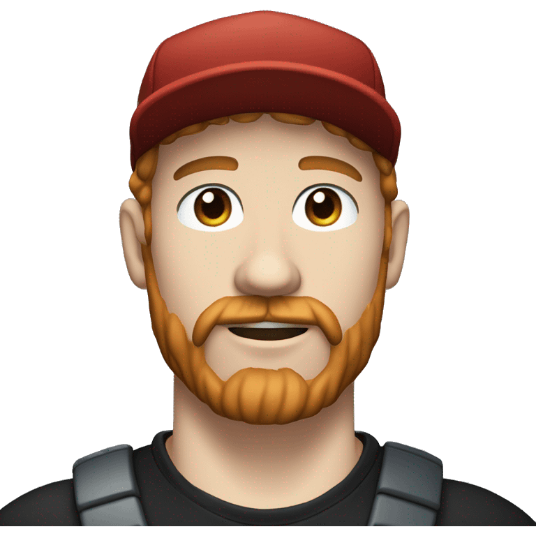 35 years old, male, short curly red hair, black baseball hat, blue eyes, pale complexion, thick beard and thin mustache emoji