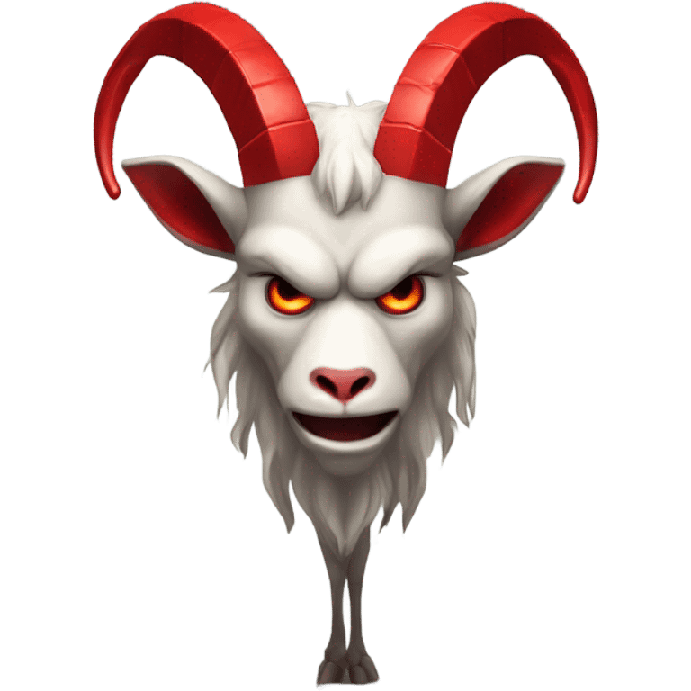 Evil Goatman male Devil sinister with red tipped horns standing with goat hind legs on pyramidal pillar  aura of darkness he is commanding emoji