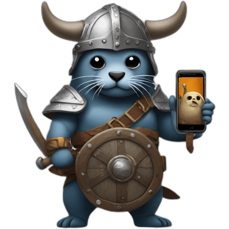 A seal dressed as a Viking holding an iPhone emoji