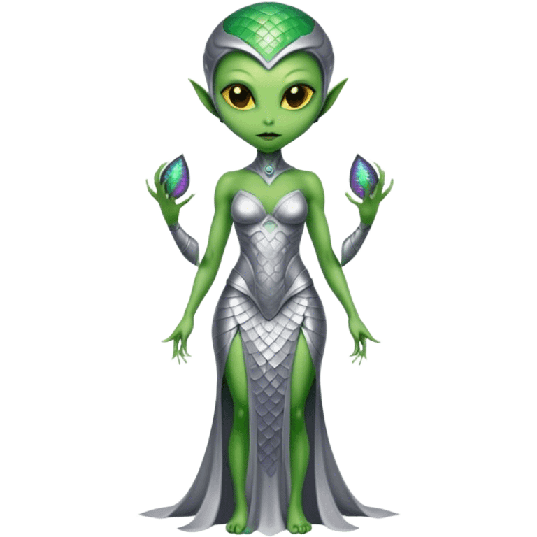 Green Alien woman with scales skin in silver dress, full figure, yellow eyes emoji