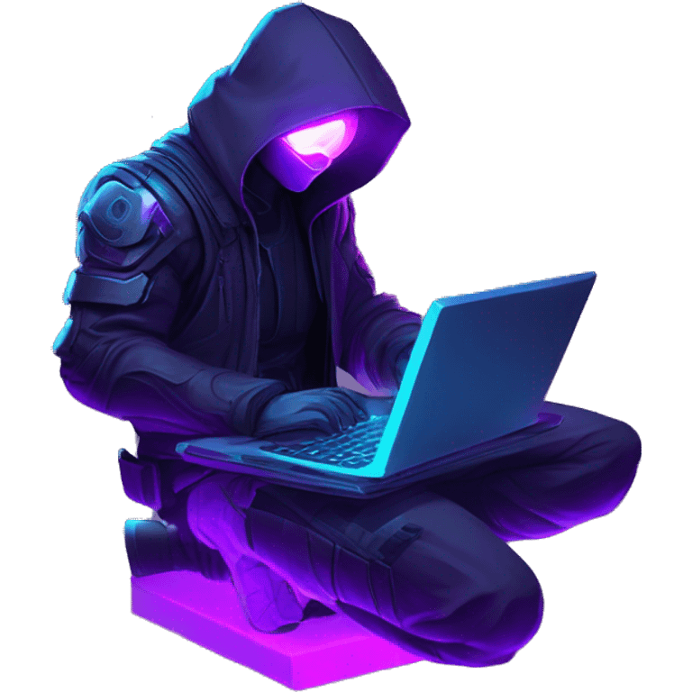 Side view developer behind his laptop with this style : crysis Cyberpunk Valorant neon glowing bright purple character purple violet black hooded assassin themed character emoji