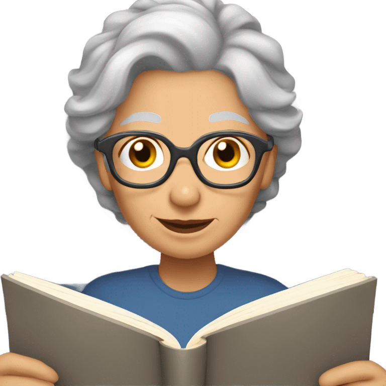 67-year-old lady with gray hair, reading a book in bed emoji