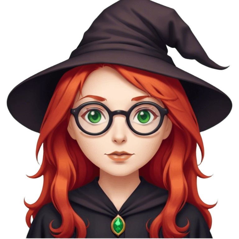 A witch that has long red hair, green eyes and round glasses emoji