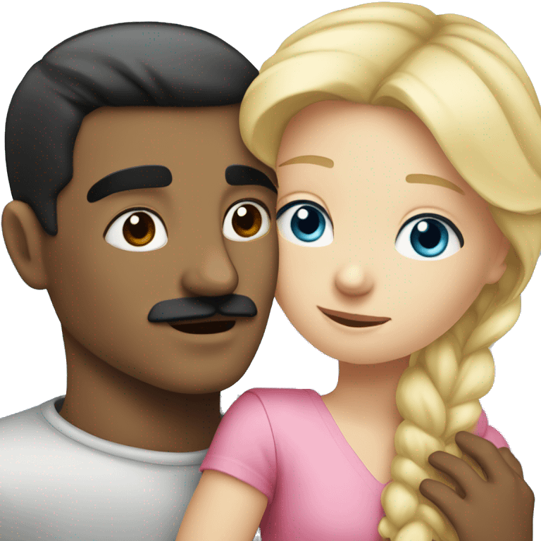 blonde blue eyed girl, hugging a man with black hair and black mustache emoji