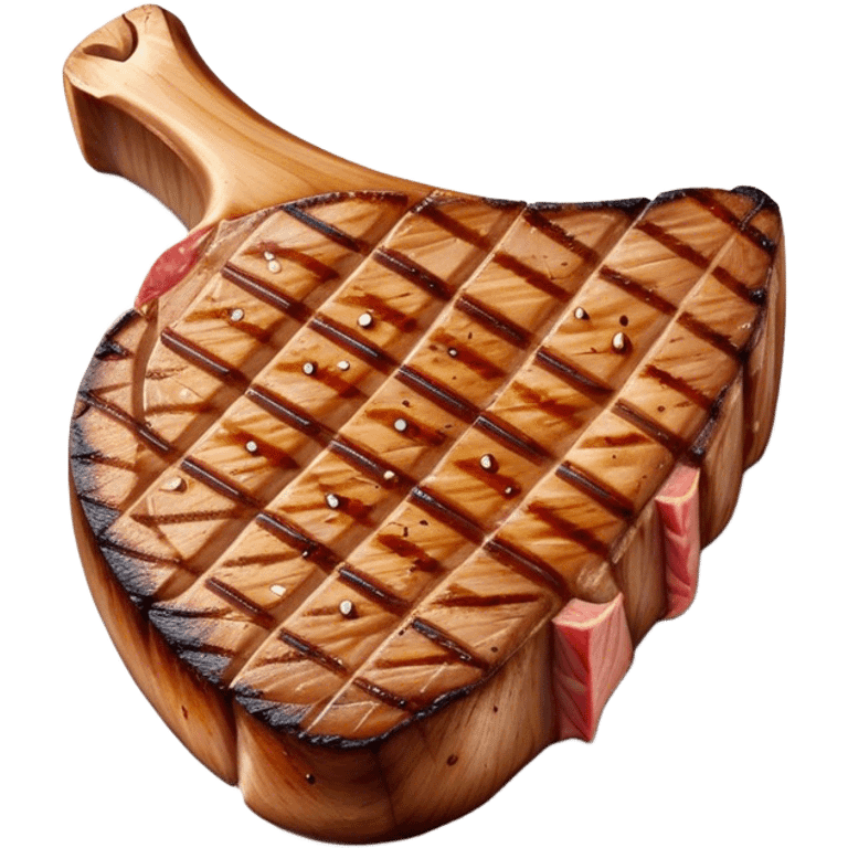 Cinematic thick-cut t-bone steak, perfectly seared with grill marks, a grilled center, rich and savory, warm glow, sizzling and mouthwatering, highly detailed and appetizing. emoji