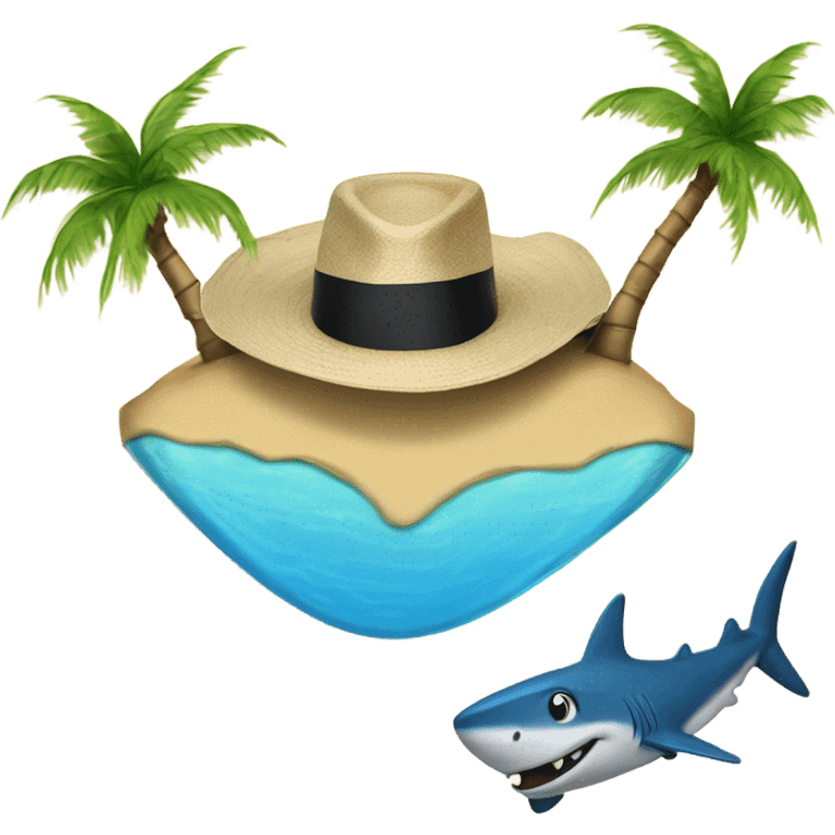 Beach with palm tree shark with tophat emoji