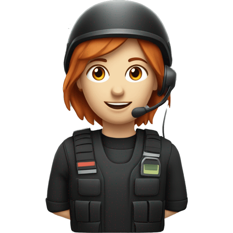 operator dressed in black with a milatary helmet, without glasses, wearing a headset, ready to respond to alerts, preferably red-haired female  emoji