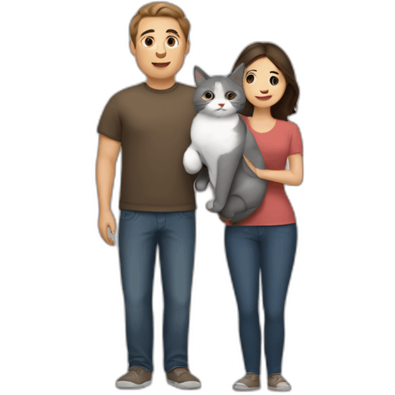 white brun man and brunette woman with a fat gray cat in their arms emoji