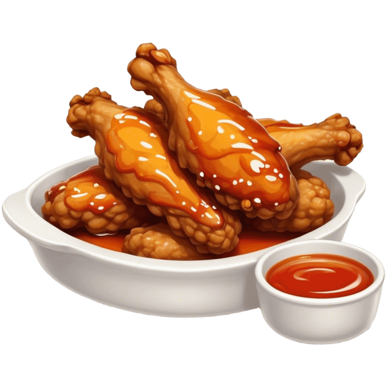 Cinematic crispy chicken wings, golden-brown and glazed with spicy sauce, crunchy coating, juicy inside, piled high with dipping sauce on the side, ultra-realistic and mouthwatering, inviting and bold. emoji