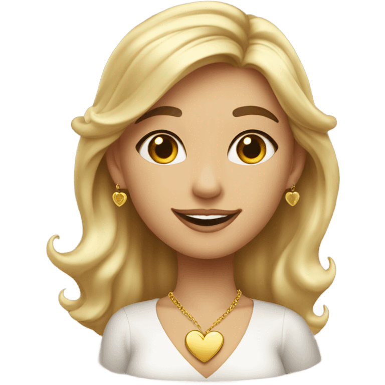 Smiling girl indoors with blonde highlights, gold earrings and a gold heart necklace wearing a v neck blouse blowing a kiss emoji