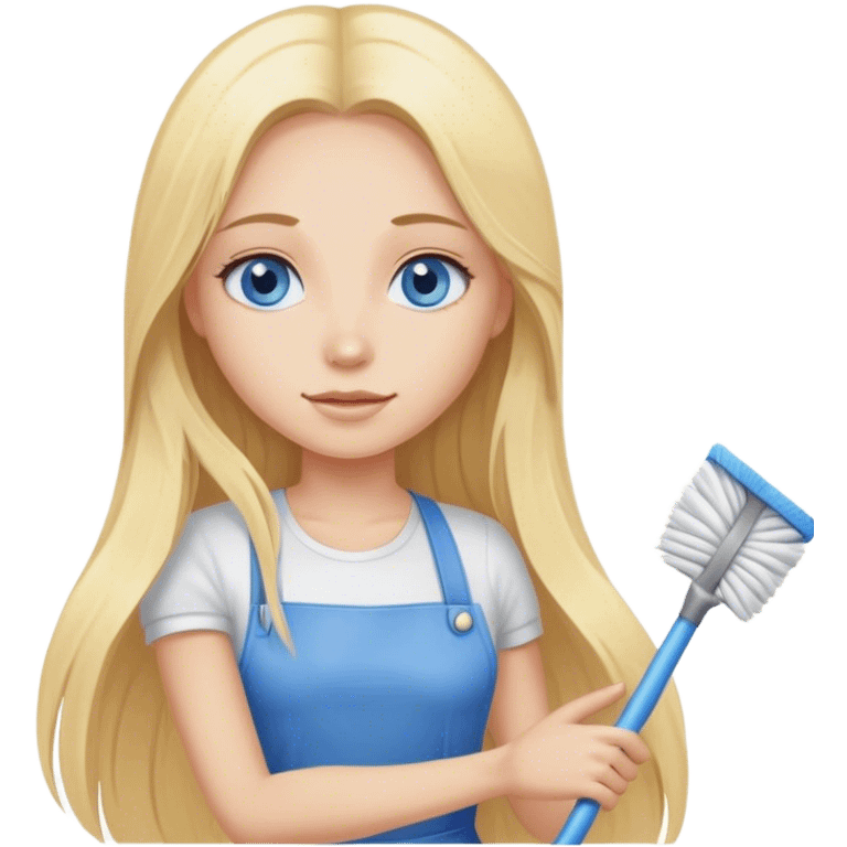 Cinematic realistic blonde with long hair, blue eyes cleans the room emoji